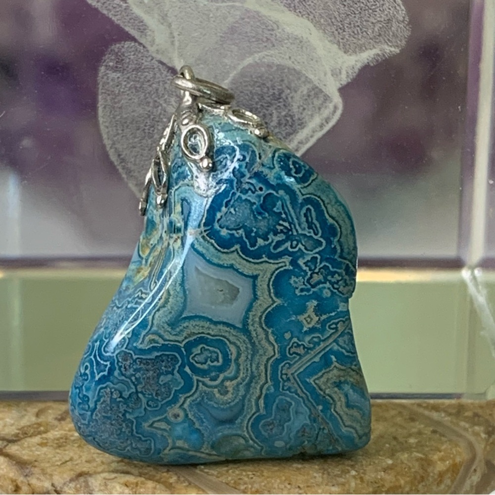 Vintage Blue Crazy Lace Agate Pendant Natural Stone Silver Tone Filigree Cap .9" - Picture 8 of 10